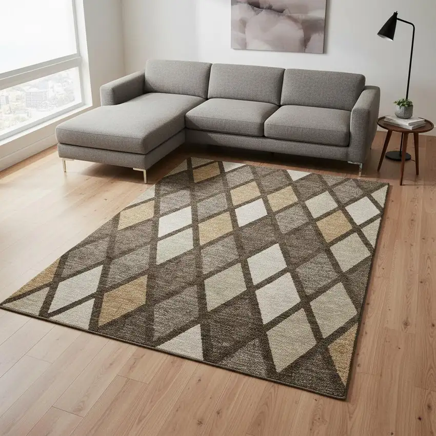 Brown Beige And Gold Geometric Washable Area Rug With UV Protection Photo 2