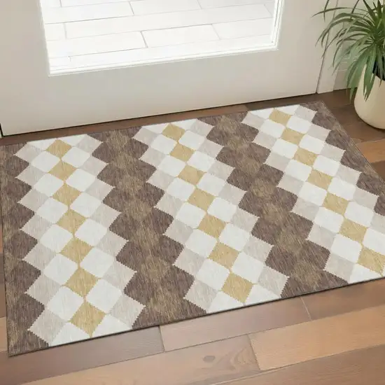 Brown Beige And Gold Geometric Washable Area Rug With UV Protection Photo 1