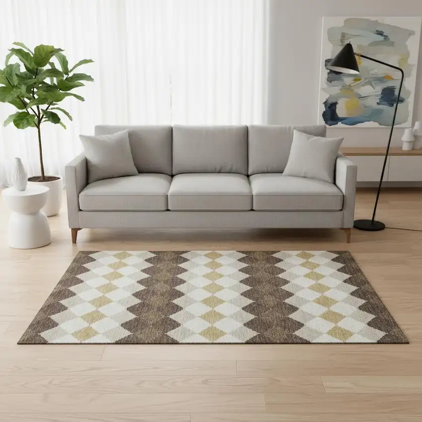 Brown Beige And Gold Geometric Washable Area Rug With UV Protection Photo 2