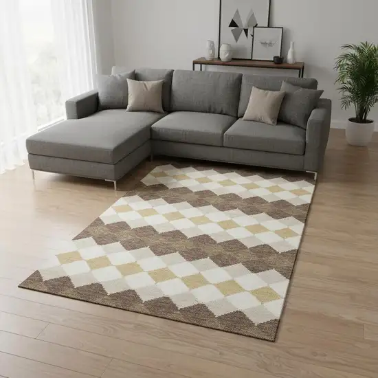 Brown Beige And Gold Geometric Washable Area Rug With UV Protection Photo 2