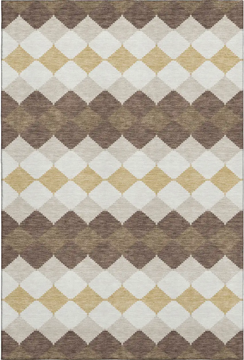 Brown Beige And Gold Geometric Washable Area Rug With UV Protection Photo 1