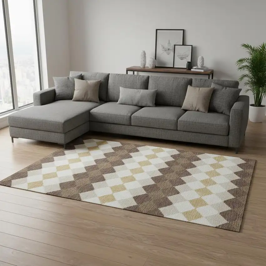 Brown Beige And Gold Geometric Washable Area Rug With UV Protection Photo 2