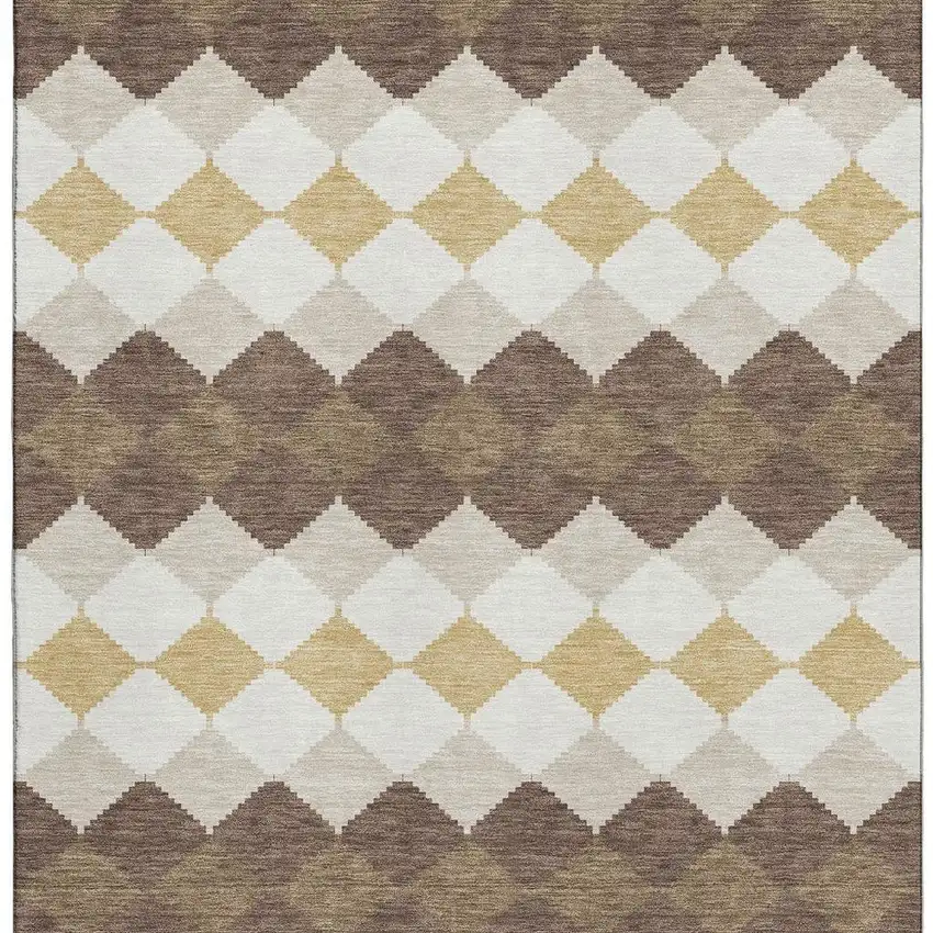 Brown Beige And Gold Geometric Washable Area Rug With UV Protection Photo 2