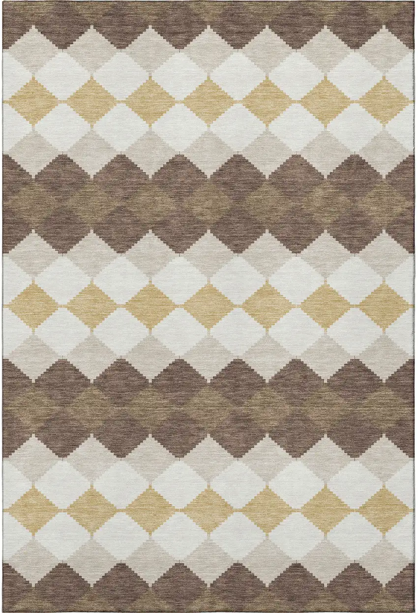 Brown Beige And Gold Geometric Washable Area Rug With UV Protection Photo 3