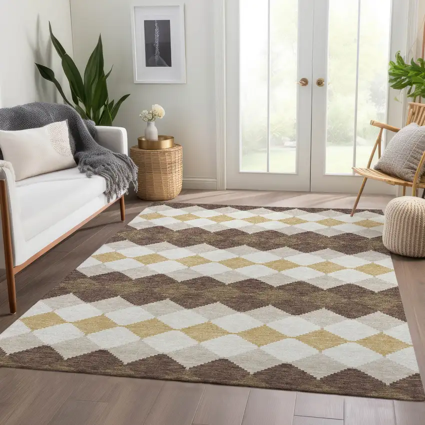 Brown Beige And Gold Geometric Washable Area Rug With UV Protection Photo 5