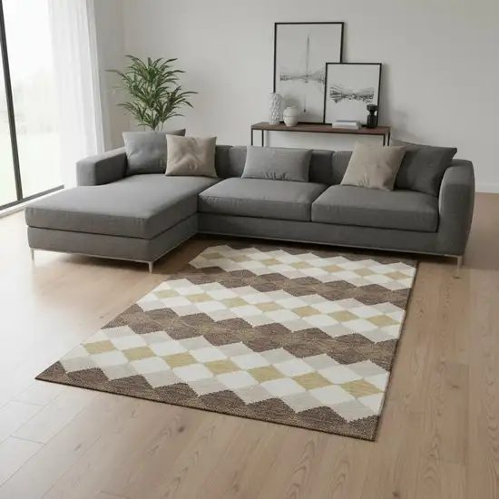 Brown Beige And Gold Geometric Washable Area Rug With UV Protection Photo 2