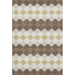 Photo of Brown Beige And Gold Geometric Washable Area Rug With UV Protection