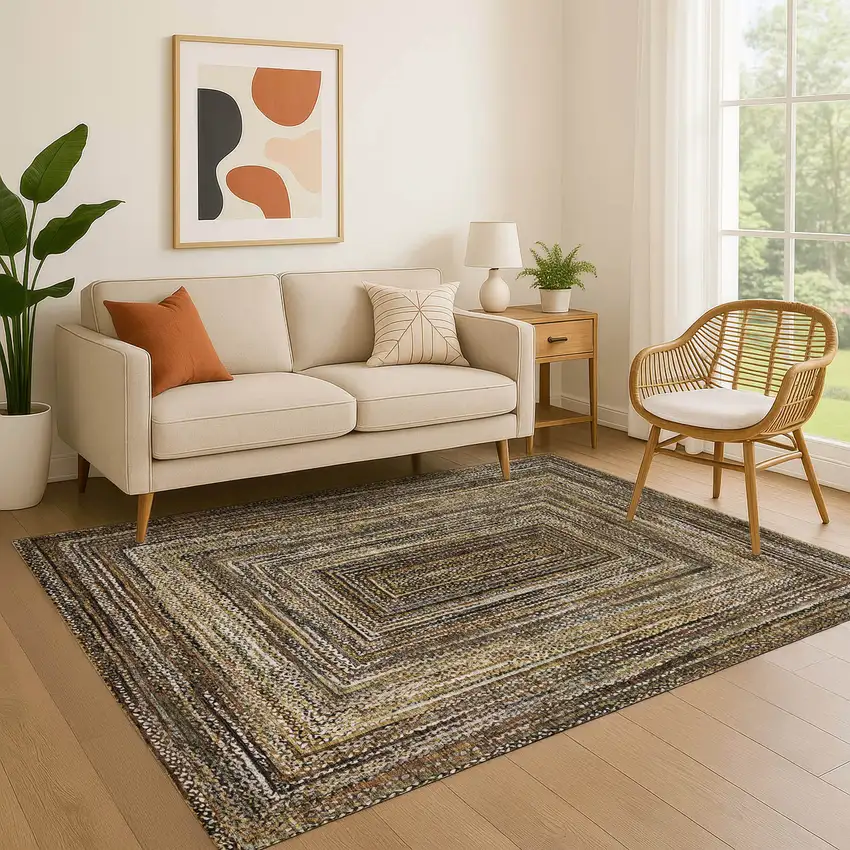 Brown Beige And Gold Geometric Washable Area Rug With UV Protection Photo 4