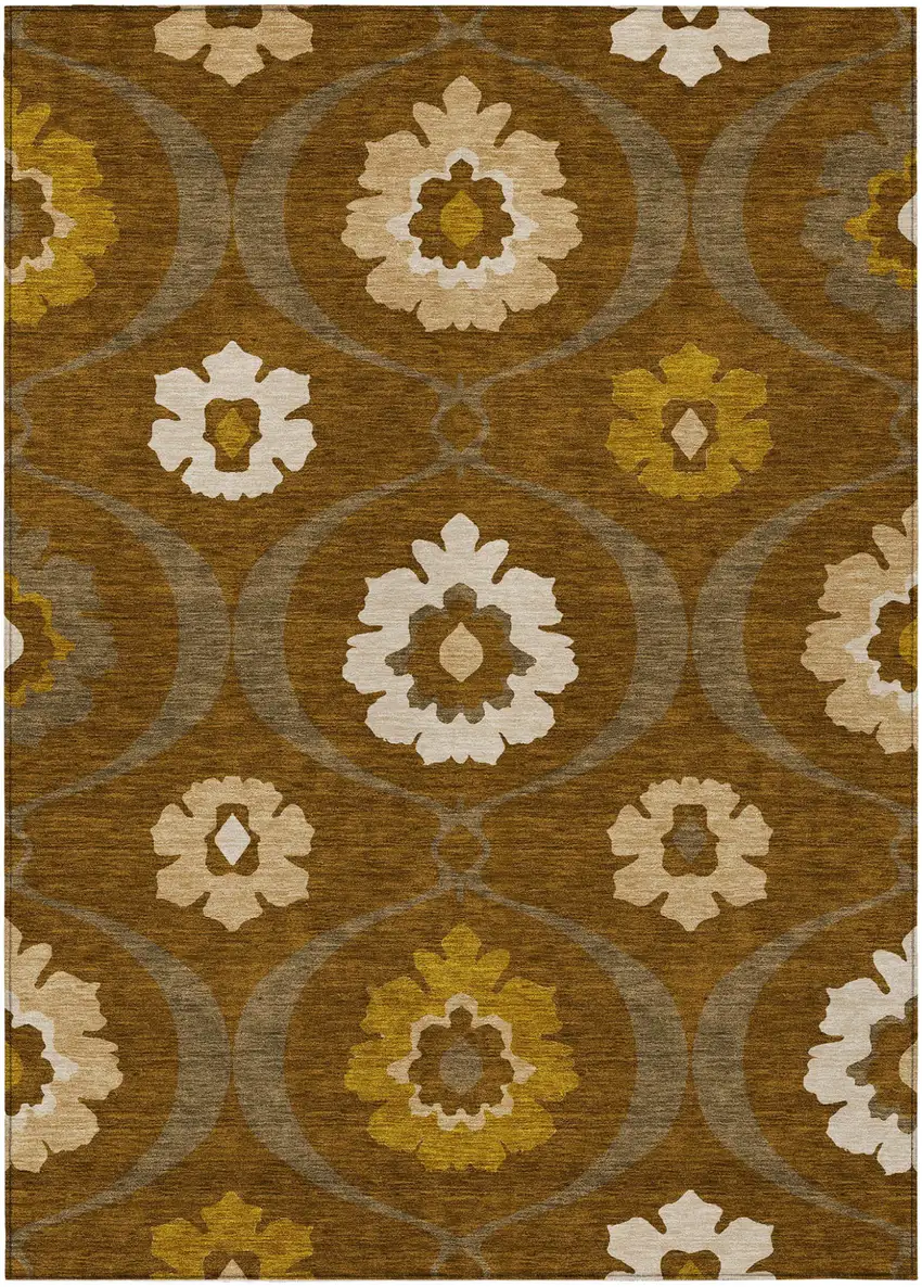 Brown Beige And Gold Medallion Washable Indoor Outdoor Area Rug Photo 2