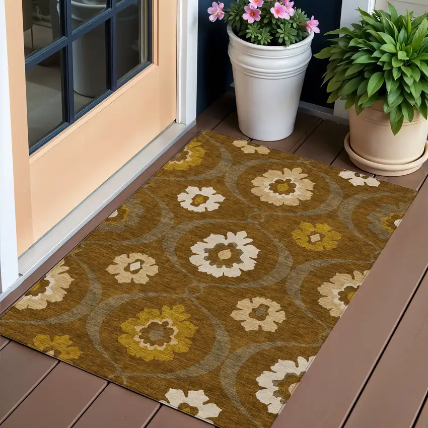 Brown Beige And Gold Medallion Washable Indoor Outdoor Area Rug Photo 1