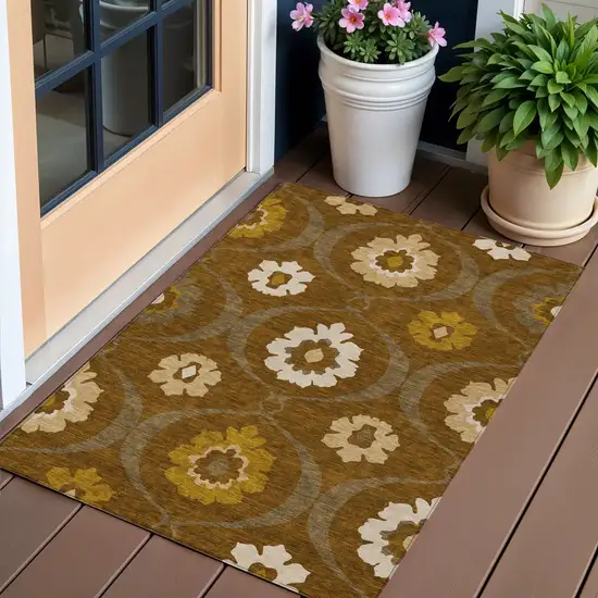 Brown Beige And Gold Medallion Washable Indoor Outdoor Area Rug Photo 1