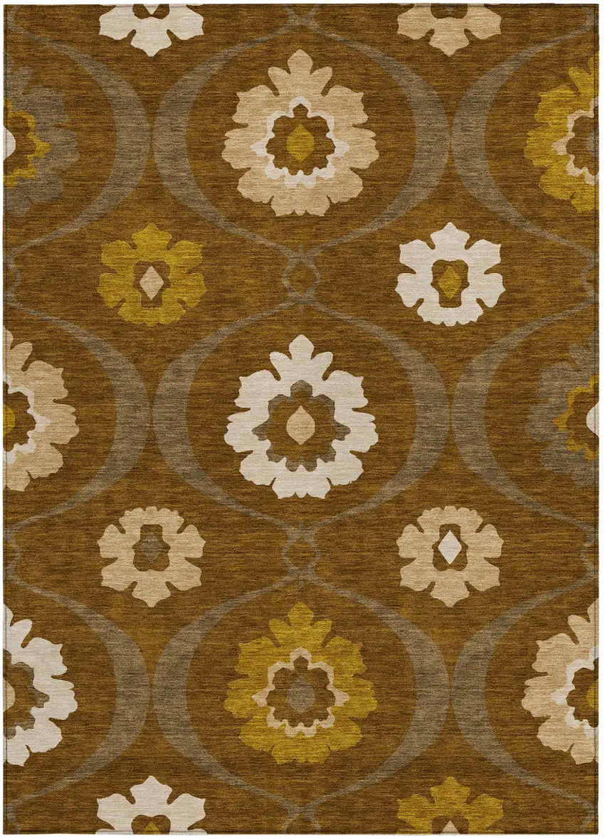 Brown Beige And Gold Medallion Washable Indoor Outdoor Area Rug Photo 7