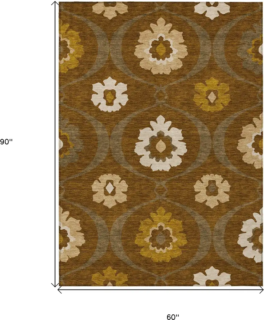 Brown Beige And Gold Medallion Washable Indoor Outdoor Area Rug Photo 3