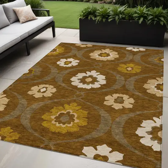 Brown Beige And Gold Medallion Washable Indoor Outdoor Area Rug Photo 1
