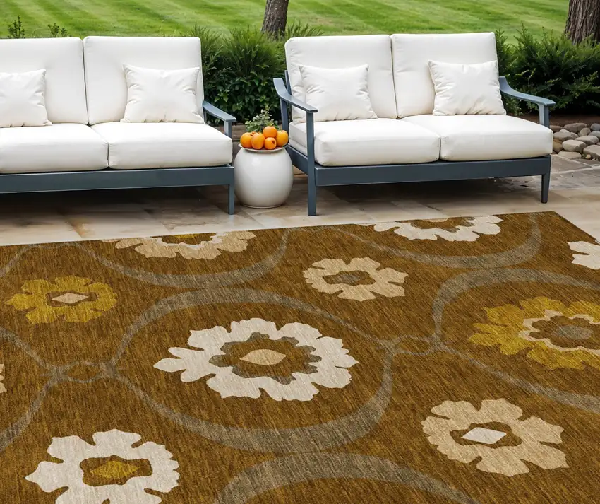 Brown Beige And Gold Medallion Washable Indoor Outdoor Area Rug Photo 1