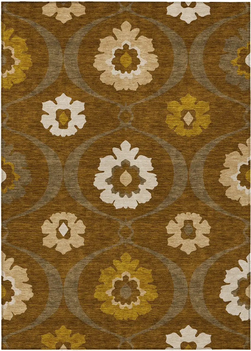 Brown Beige And Gold Medallion Washable Indoor Outdoor Area Rug Photo 2