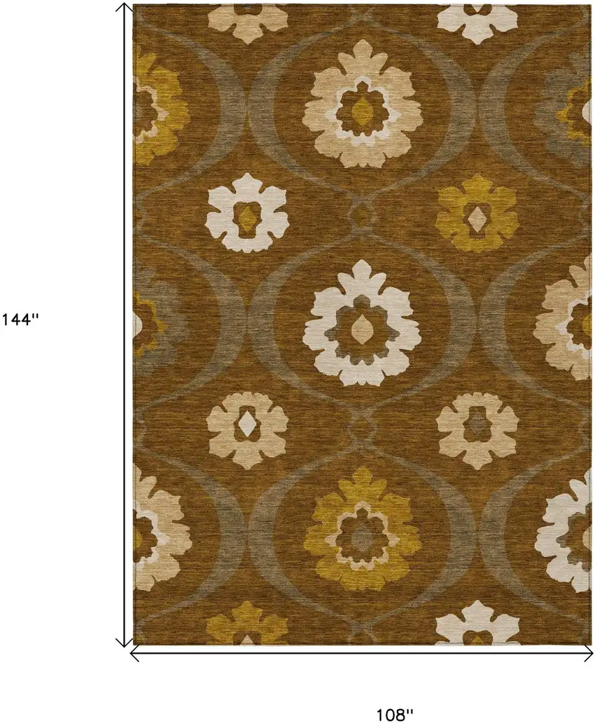 Brown Beige And Gold Medallion Washable Indoor Outdoor Area Rug Photo 3