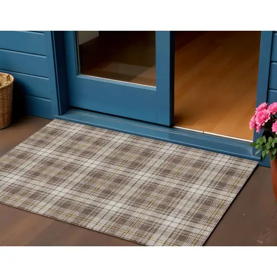 Brown Beige And Gold Plaid Washable Indoor Outdoor Area Rug Photo 1