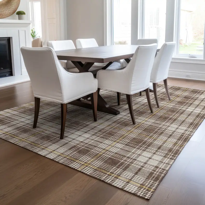 Brown Beige And Gold Plaid Washable Indoor Outdoor Area Rug Photo 9