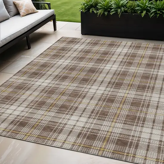Brown Beige And Gold Plaid Washable Indoor Outdoor Area Rug Photo 1