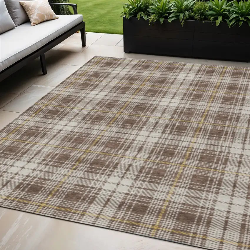 Brown Beige And Gold Plaid Washable Indoor Outdoor Area Rug Photo 1