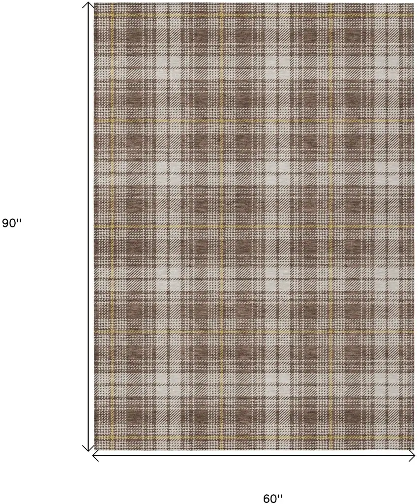 Brown Beige And Gold Plaid Washable Indoor Outdoor Area Rug Photo 3