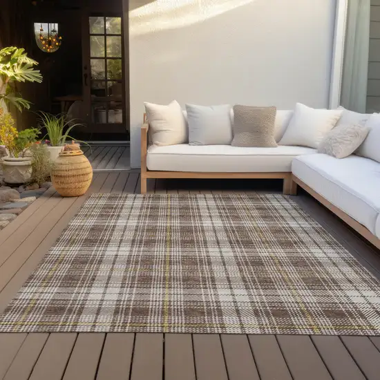 Brown Beige And Gold Plaid Washable Indoor Outdoor Area Rug Photo 8