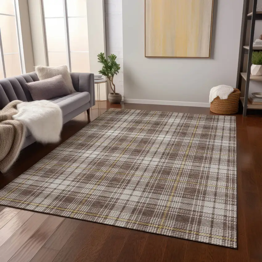 Brown Beige And Gold Plaid Washable Indoor Outdoor Area Rug Photo 9