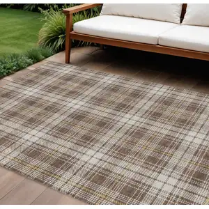Photo of Brown Beige And Gold Plaid Washable Indoor Outdoor Area Rug