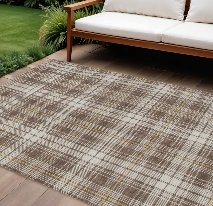 Brown Beige And Gold Plaid Washable Indoor Outdoor Area Rug Photo 1
