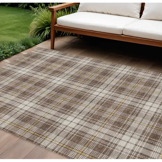 Brown Beige And Gold Plaid Washable Indoor Outdoor Area Rug Photo 1