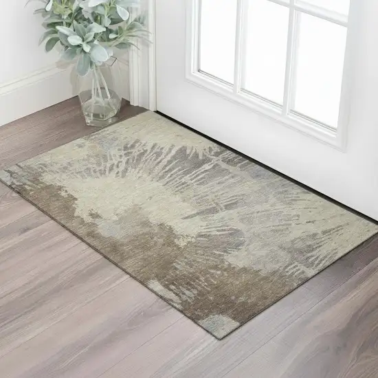 Brown Beige And Gray Abstract Washable Area Rug With UV Protection Photo 1