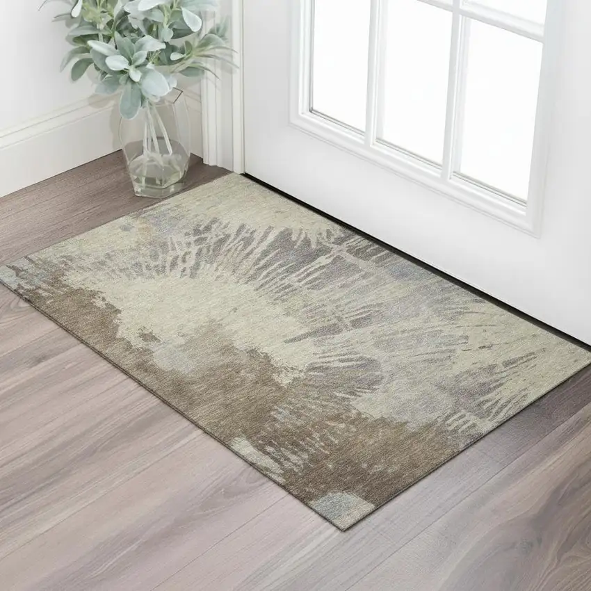 Brown Beige And Gray Abstract Washable Area Rug With UV Protection Photo 1