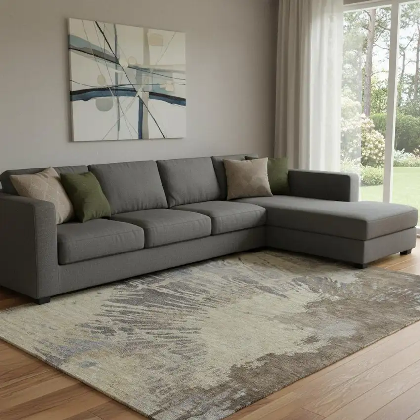 Brown Beige And Gray Abstract Washable Area Rug With UV Protection Photo 1