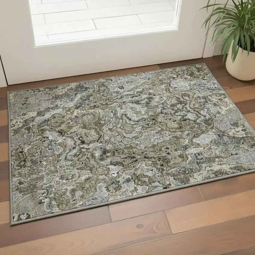 Brown Beige And Gray Abstract Washable Area Rug With UV Protection Photo 2