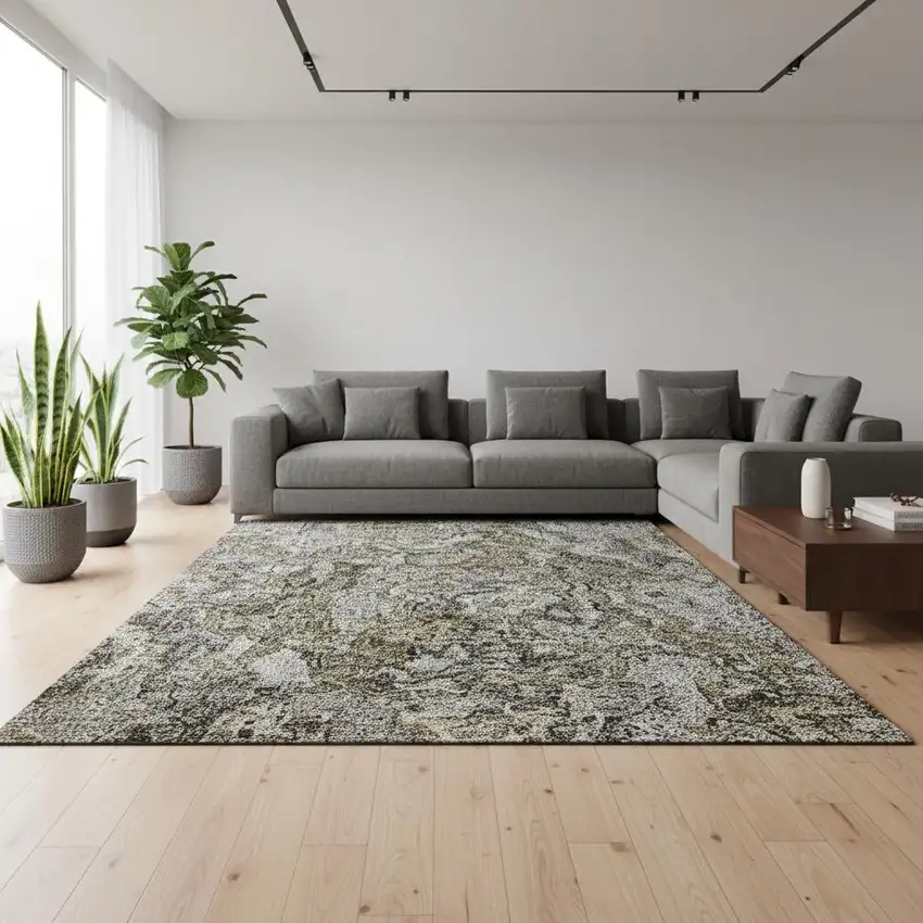 Brown Beige And Gray Abstract Washable Area Rug With UV Protection Photo 2