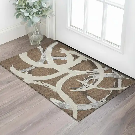 Brown Beige And Gray Abstract Washable Area Rug With UV Protection Photo 2