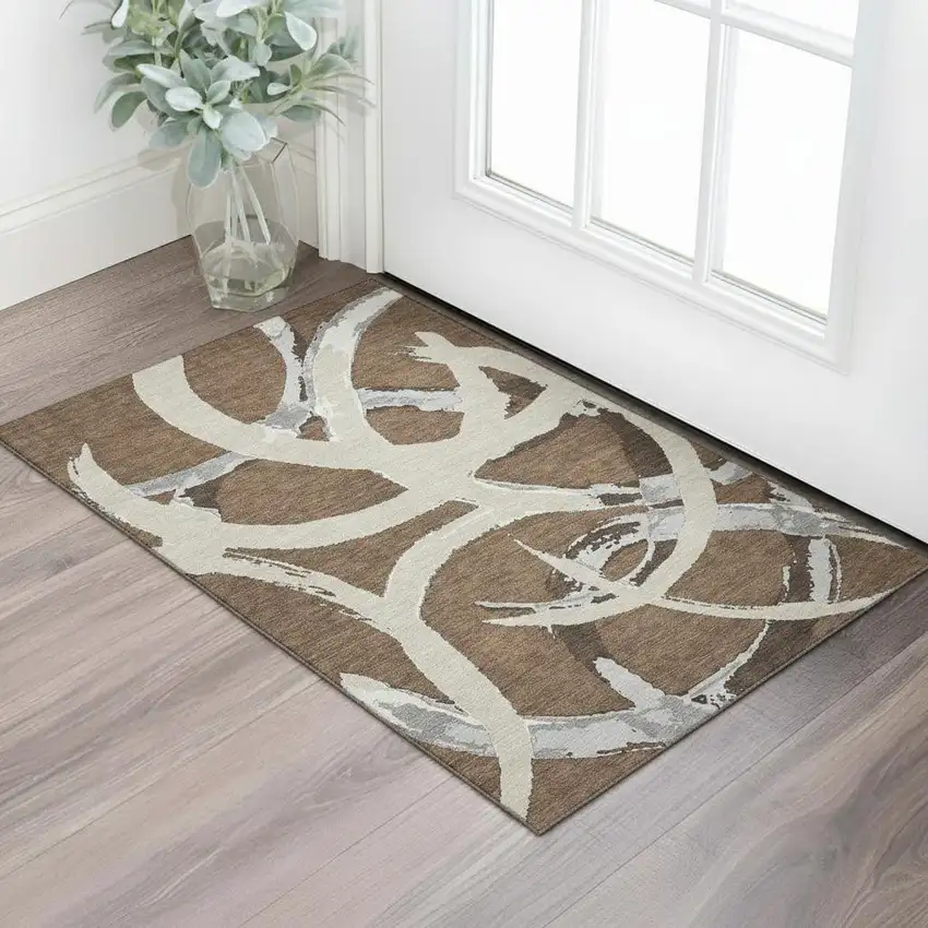 Brown Beige And Gray Abstract Washable Area Rug With UV Protection Photo 2