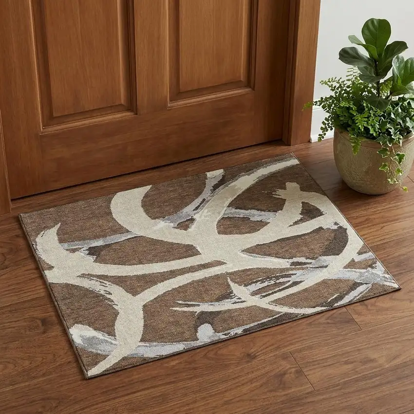Brown Beige And Gray Abstract Washable Area Rug With UV Protection Photo 1