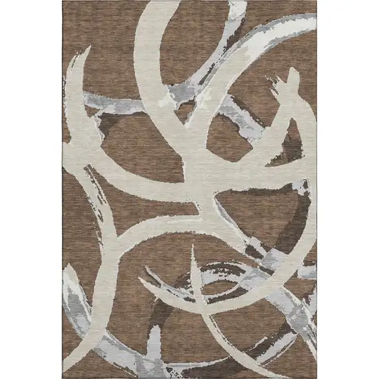 Brown Beige And Gray Abstract Washable Area Rug With UV Protection Photo 1