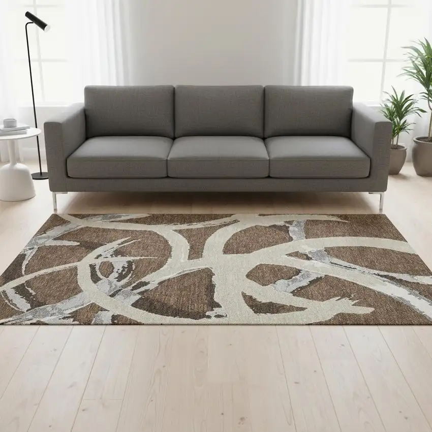 Brown Beige And Gray Abstract Washable Area Rug With UV Protection Photo 2