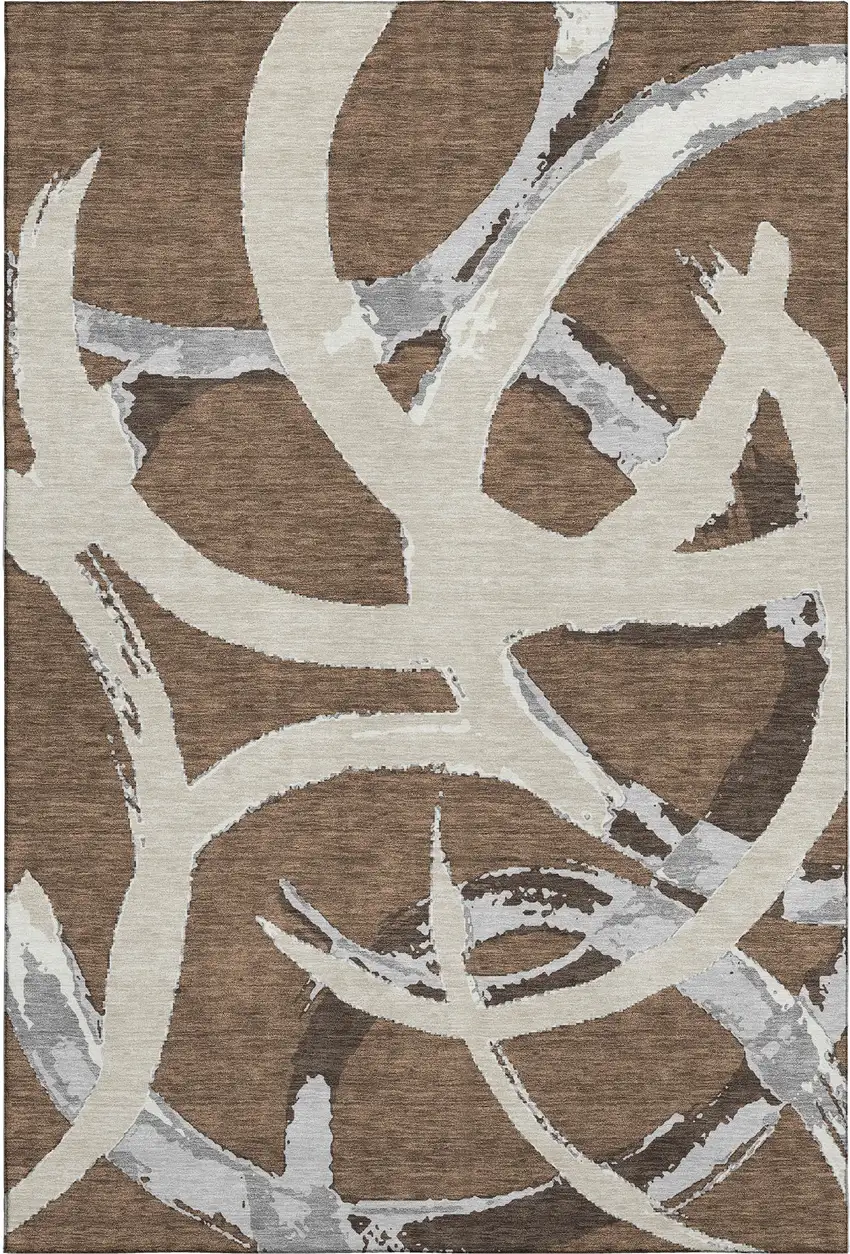 Brown Beige And Gray Abstract Washable Area Rug With UV Protection Photo 1