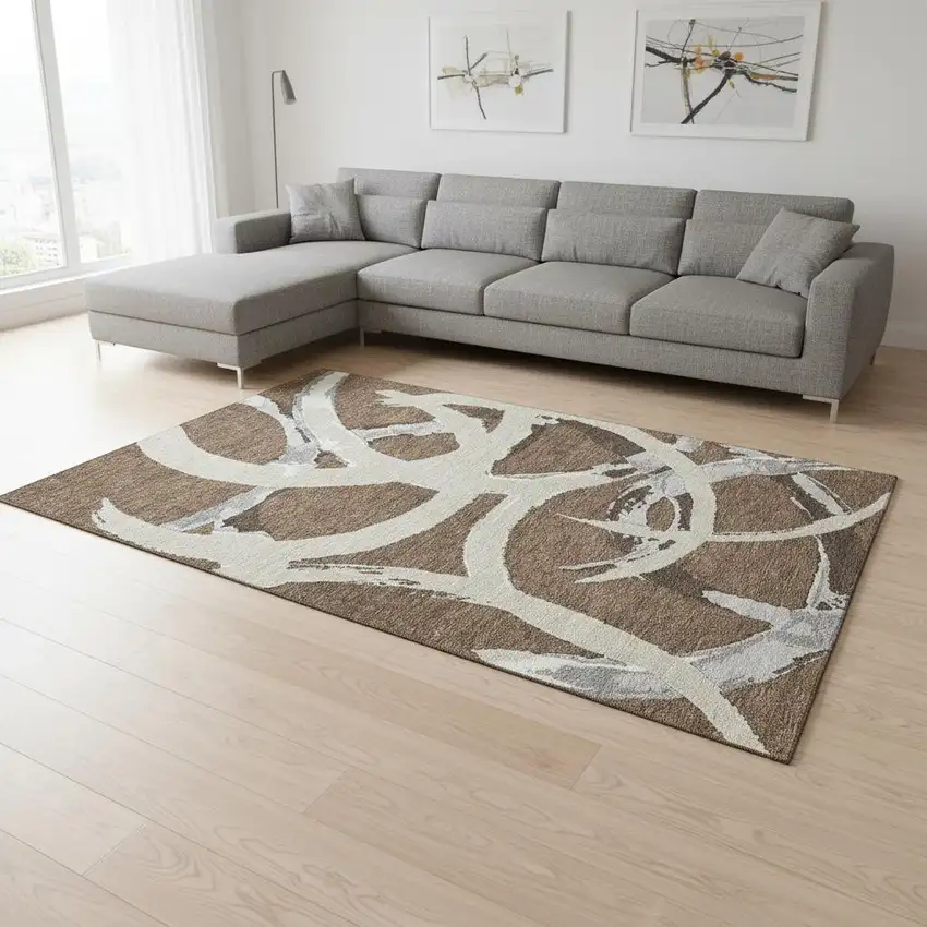 Brown Beige And Gray Abstract Washable Area Rug With UV Protection Photo 2