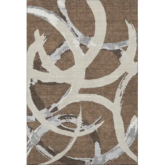 Brown Beige And Gray Abstract Washable Area Rug With UV Protection Photo 3