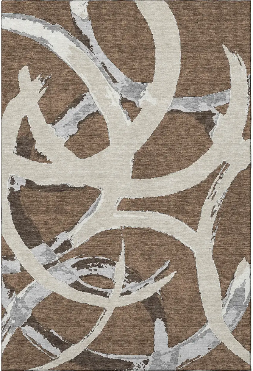 Brown Beige And Gray Abstract Washable Area Rug With UV Protection Photo 3