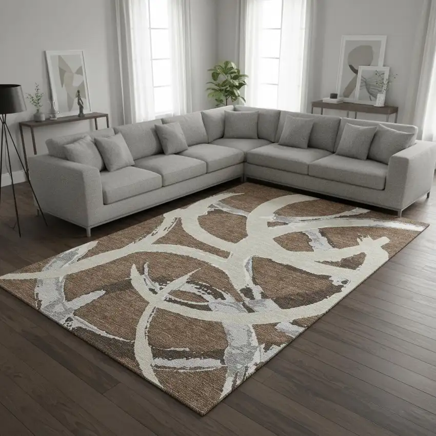 Brown Beige And Gray Abstract Washable Area Rug With UV Protection Photo 2