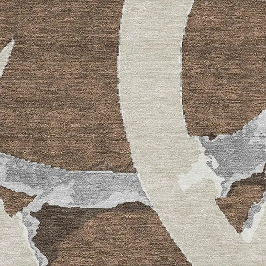 Brown Beige And Gray Abstract Washable Area Rug With UV Protection Photo 2