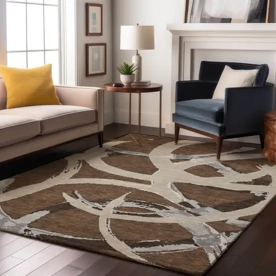 Brown Beige And Gray Abstract Washable Area Rug With UV Protection Photo 4