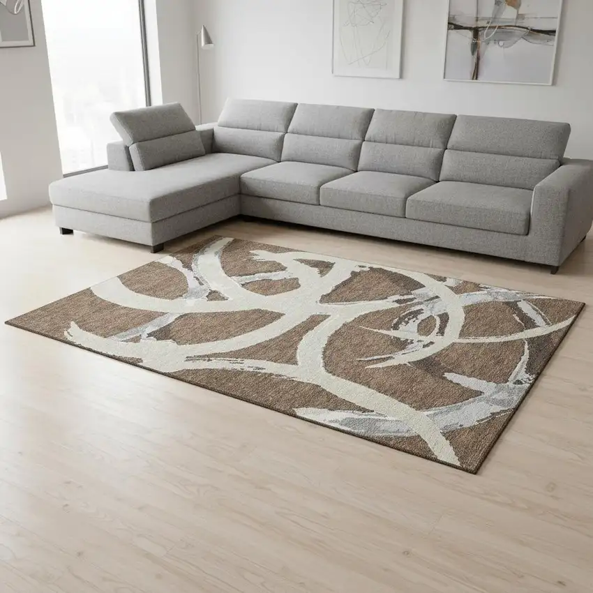 Brown Beige And Gray Abstract Washable Area Rug With UV Protection Photo 2