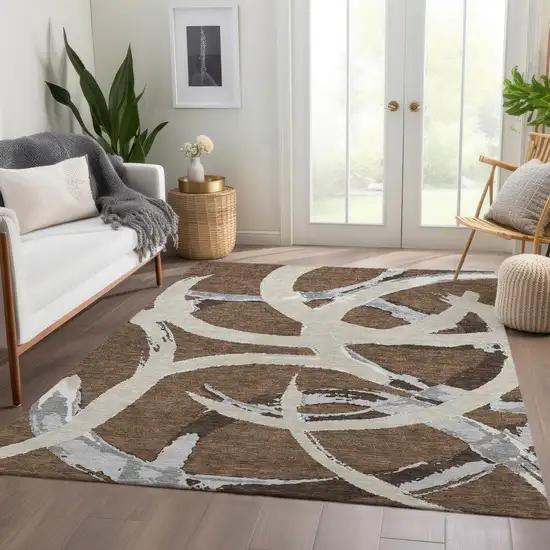 Brown Beige And Gray Abstract Washable Area Rug With UV Protection Photo 5